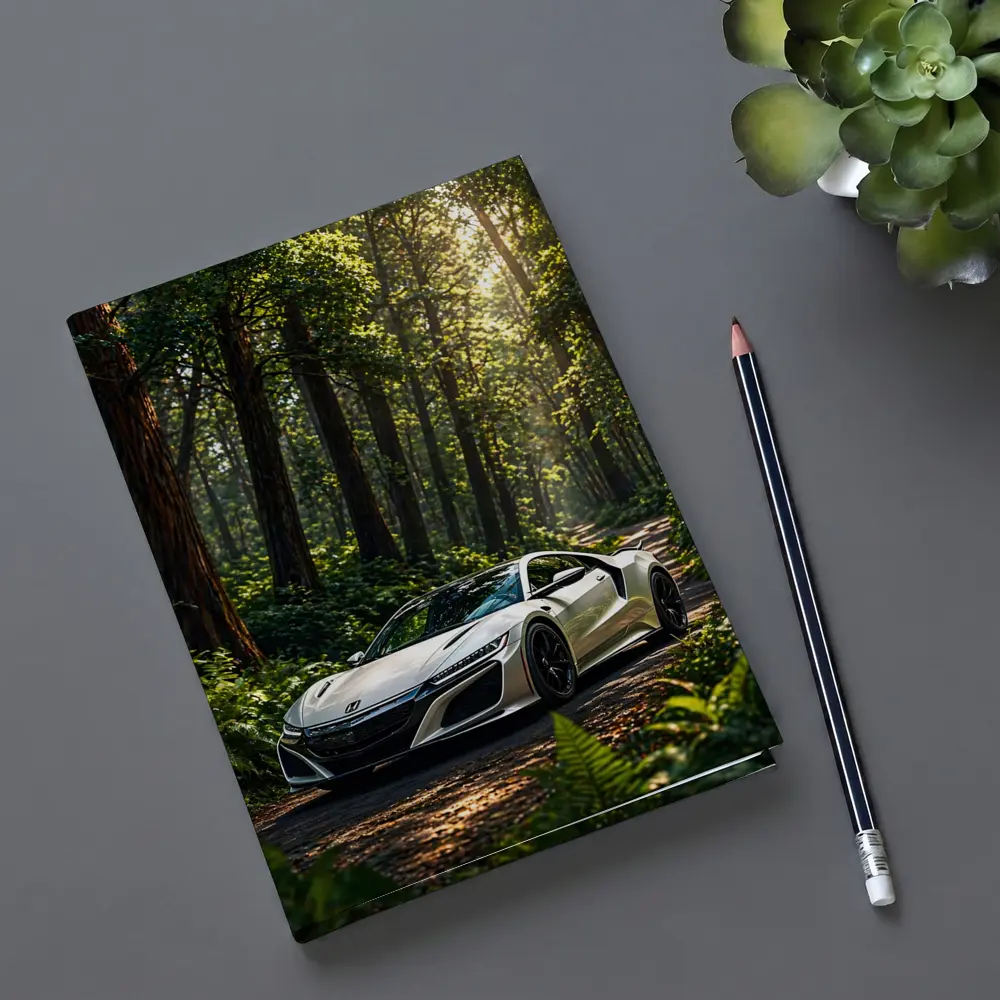 White Honda NSX Parked in Sunlit Forest – Notebooks