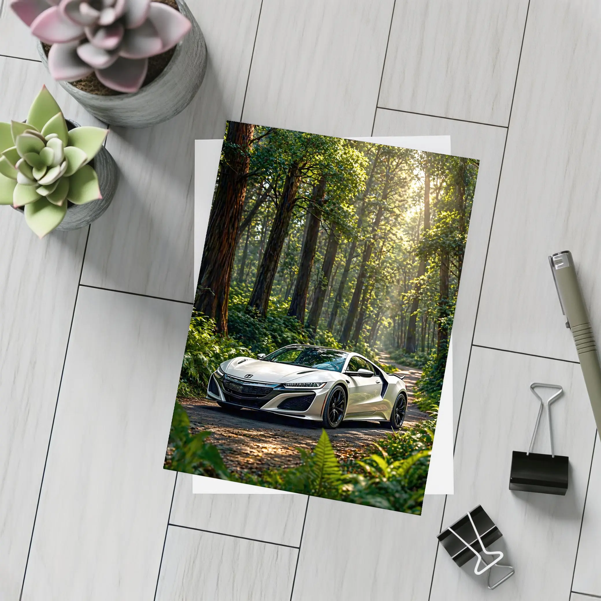 White Honda NSX Parked in Sunlit Forest – Postcards