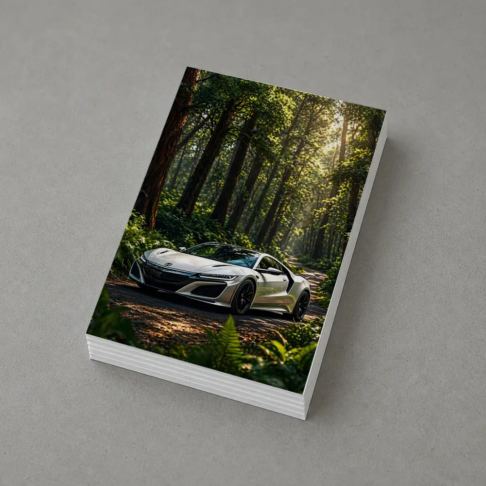 White Honda NSX Parked in Sunlit Forest – Postcards
