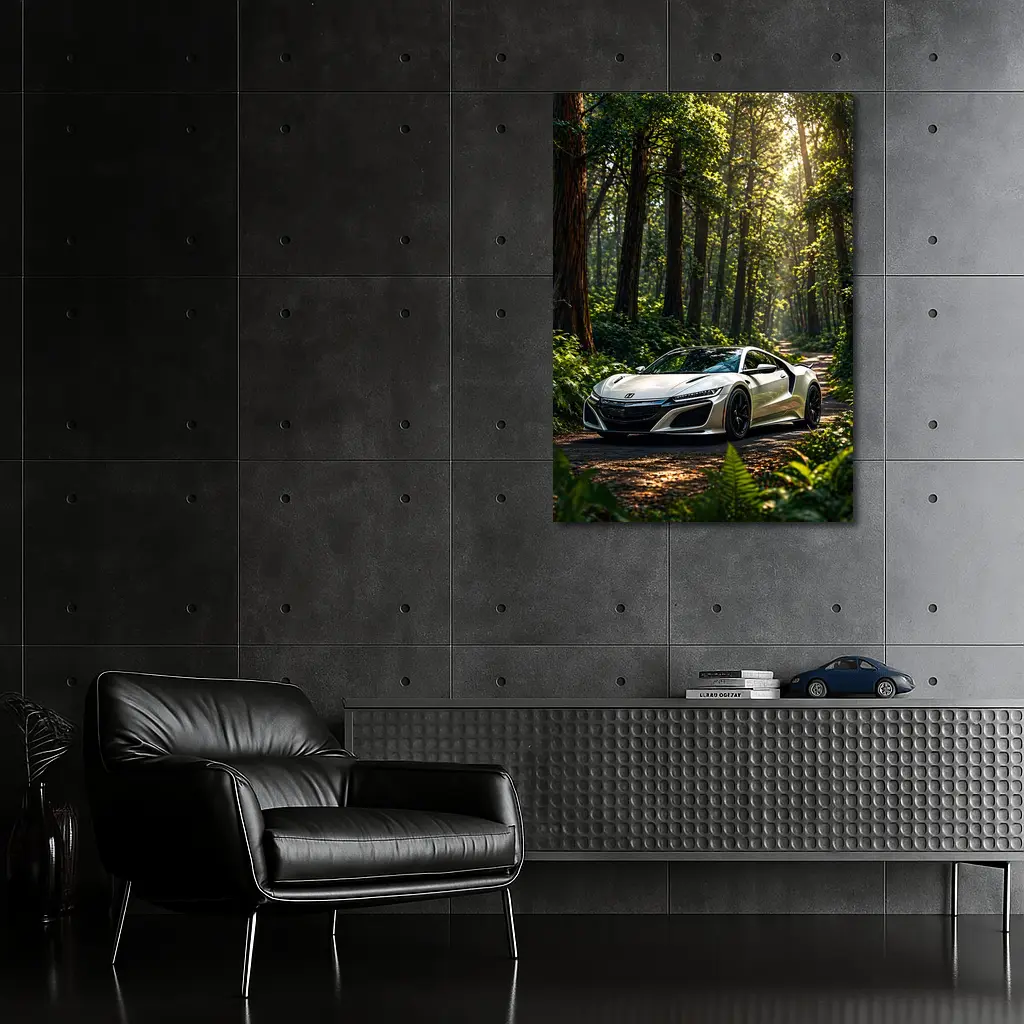 White Honda NSX Parked in Sunlit Forest – Wall Art
