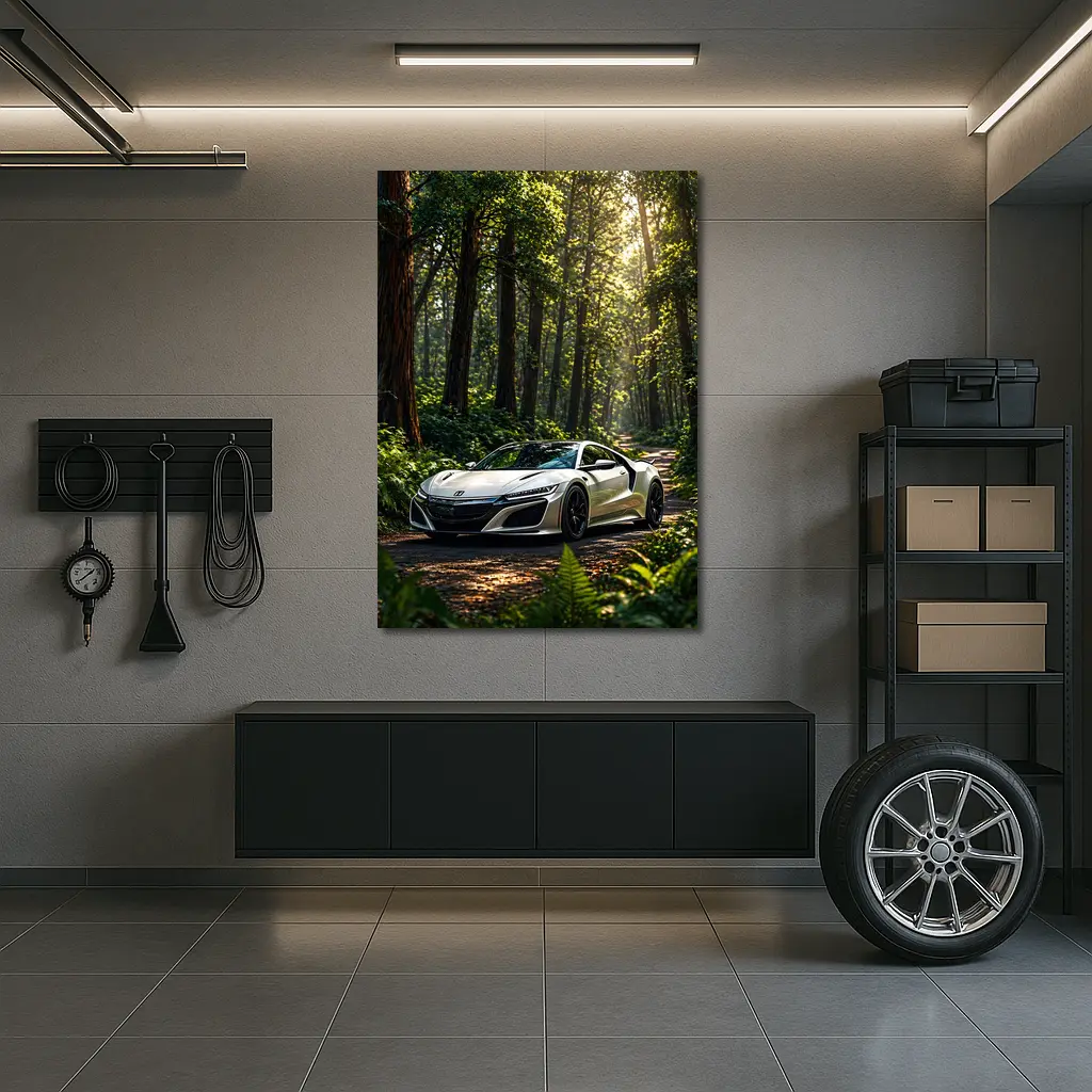 White Honda NSX Parked in Sunlit Forest – Wall Art
