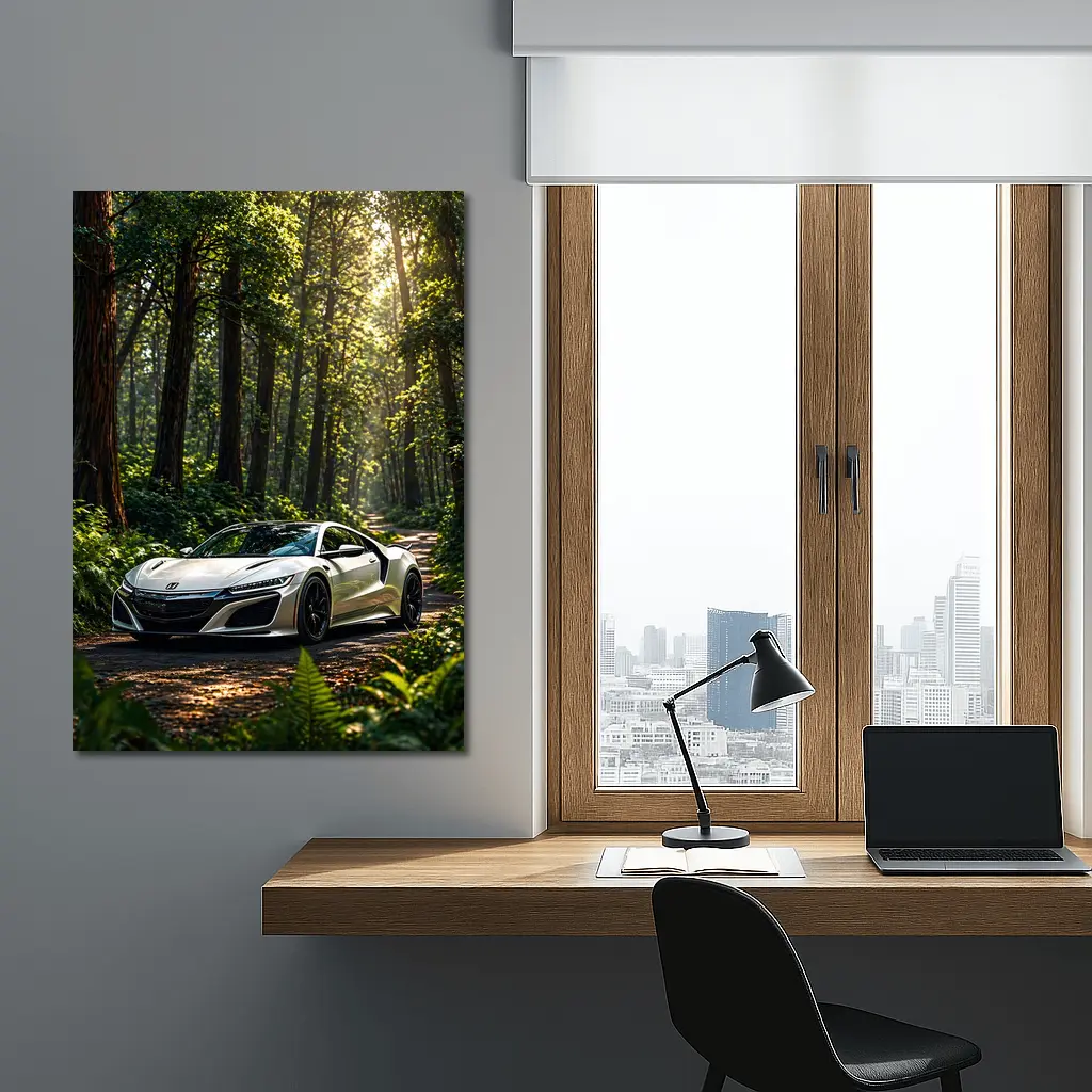 White Honda NSX Parked in Sunlit Forest – Wall Art