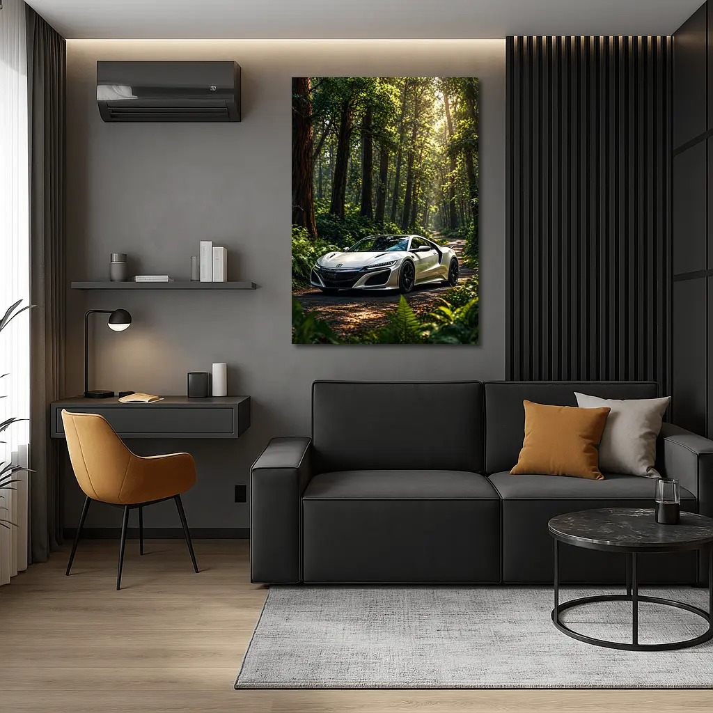 White Honda NSX Parked in Sunlit Forest – Wall Art