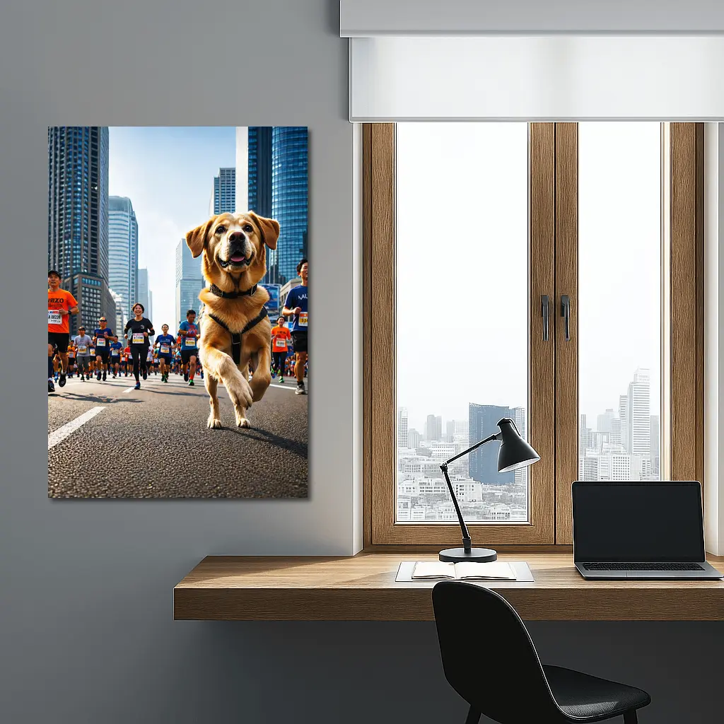 Golden Retriever Running City Marathon Race – Wall Art