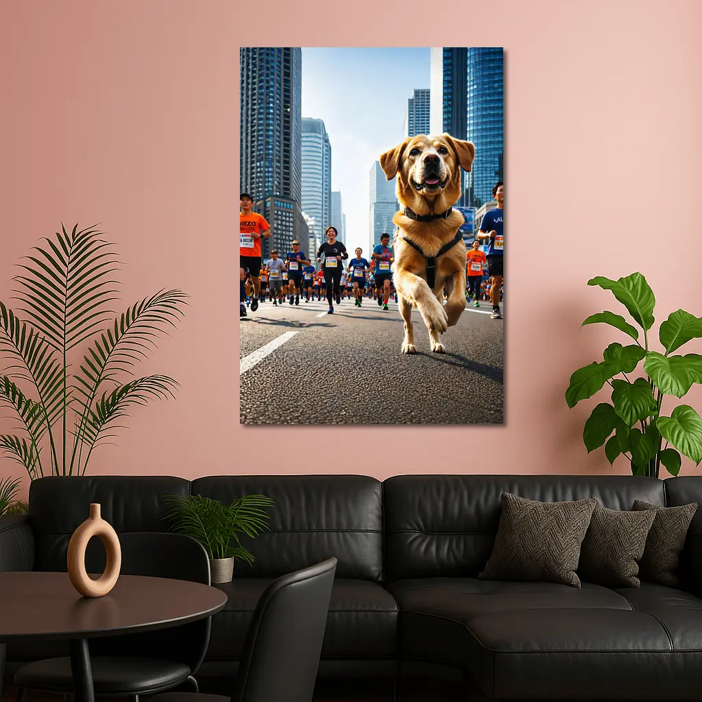 Golden Retriever Running City Marathon Race – Wall Art