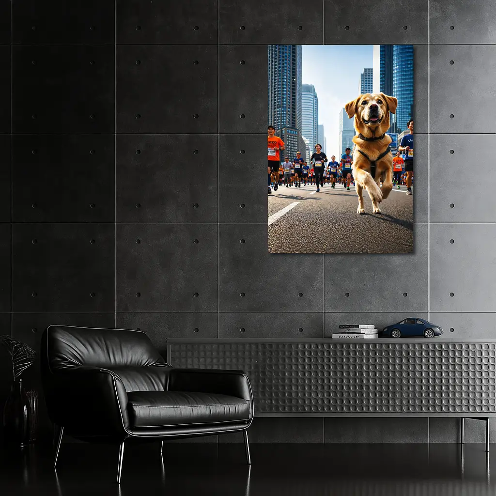 Golden Retriever Running City Marathon Race – Wall Art