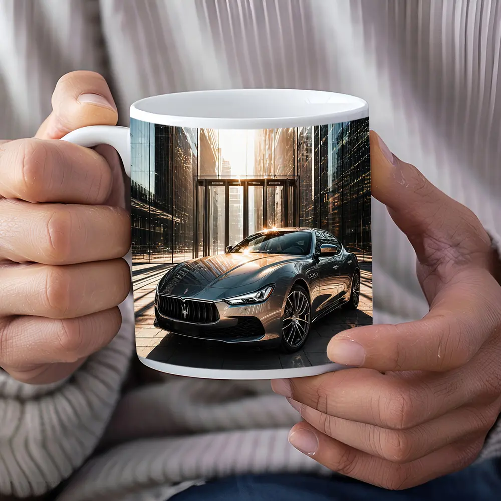 Maserati Ghibli Gray Sedan Glass Building – Mugs