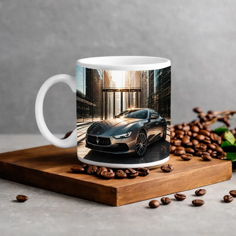 Maserati Ghibli Gray Sedan Glass Building – Mugs