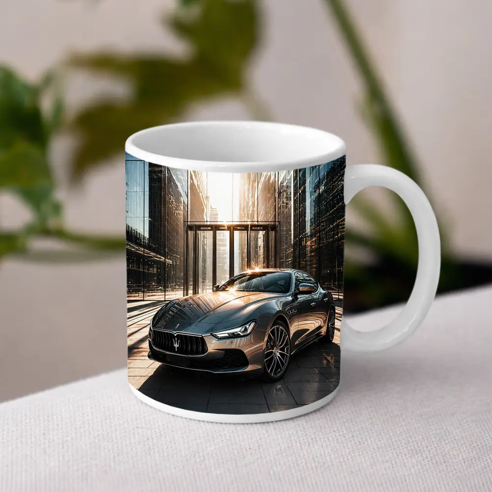 Maserati Ghibli Gray Sedan Glass Building – Mugs
