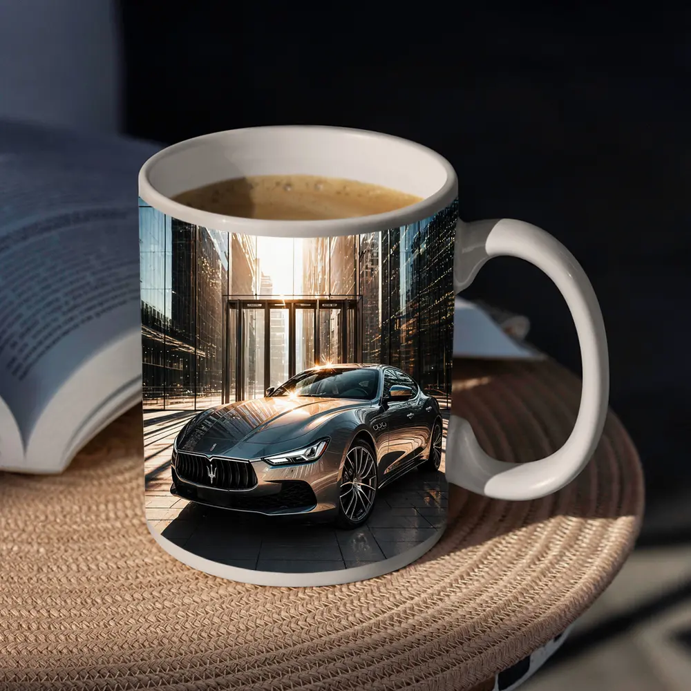 Maserati Ghibli Gray Sedan Glass Building – Mugs