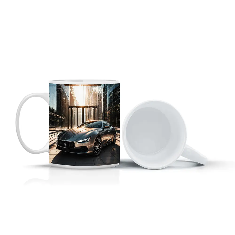 Maserati Ghibli Gray Sedan Glass Building – Mugs