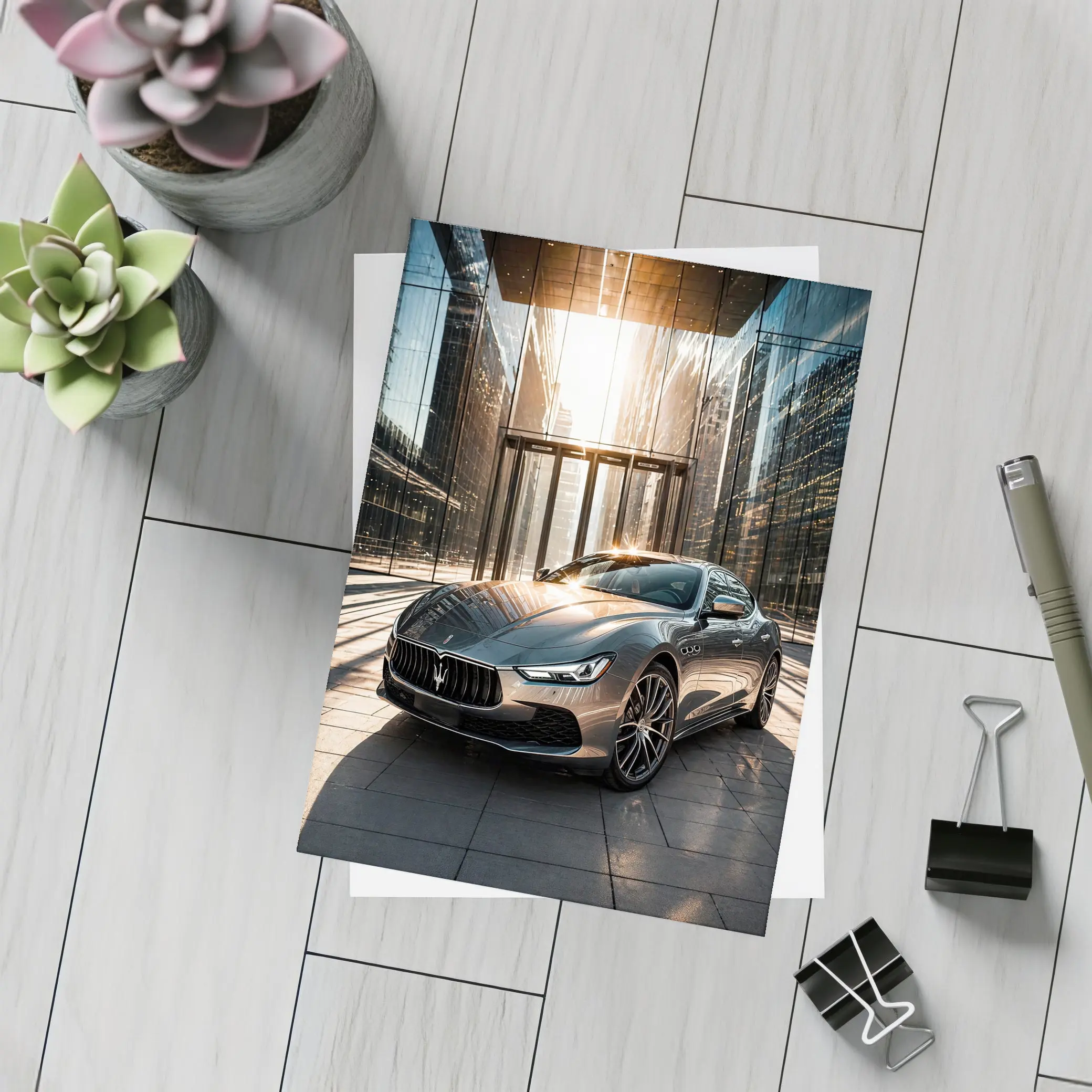 Maserati Ghibli Gray Sedan Glass Building – Postcards