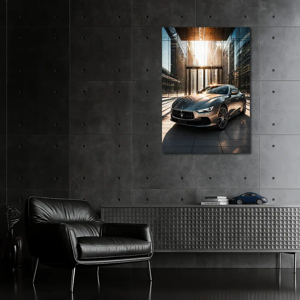 Maserati Ghibli Gray Sedan Glass Building – Wall Art