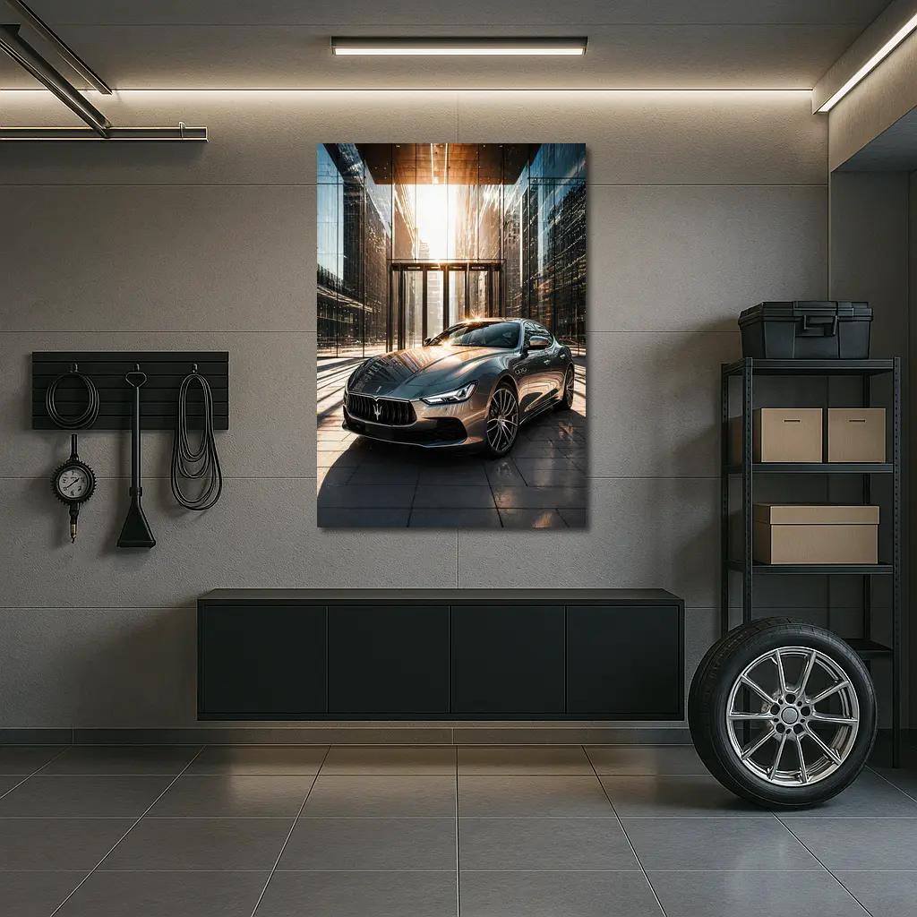 Maserati Ghibli Gray Sedan Glass Building – Wall Art