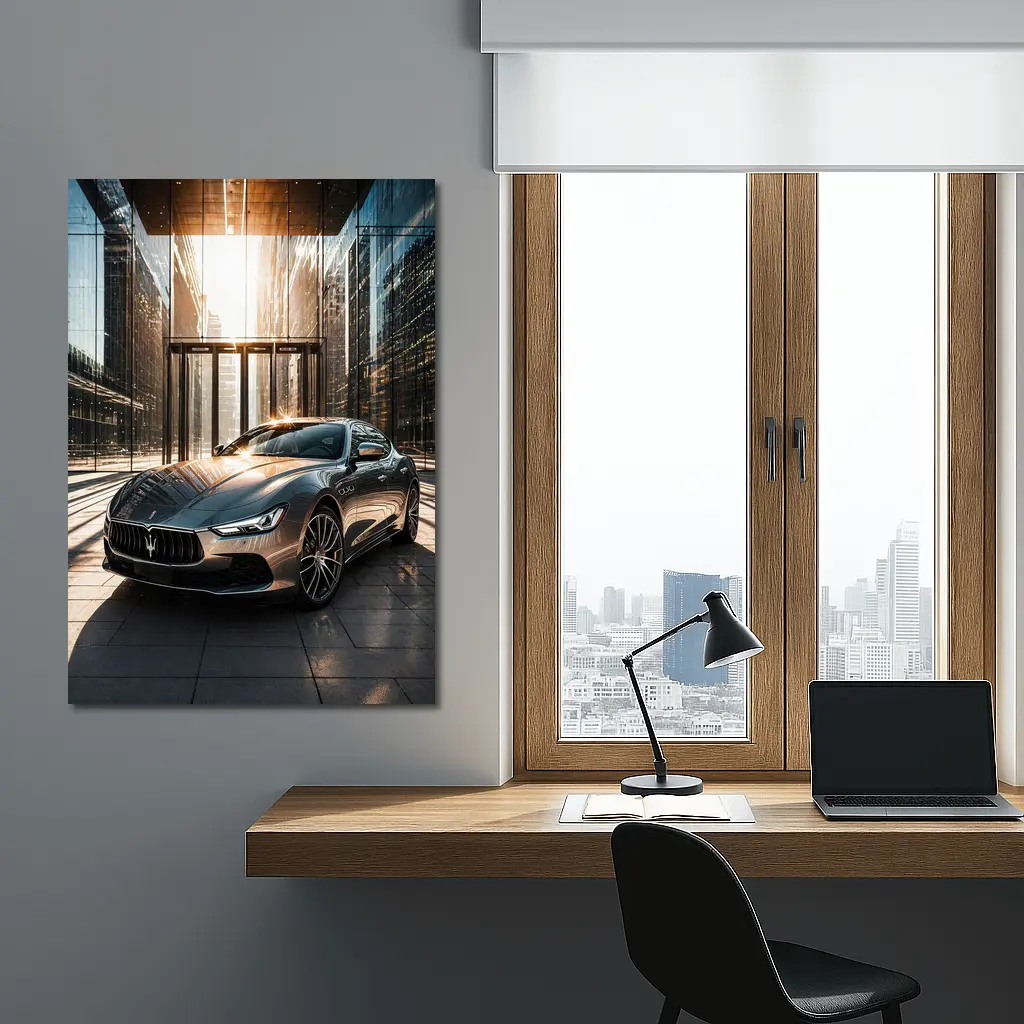Maserati Ghibli Gray Sedan Glass Building – Wall Art