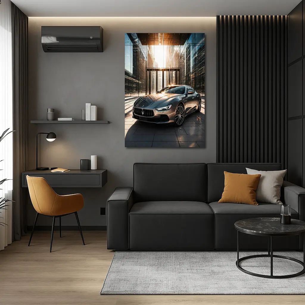 Maserati Ghibli Gray Sedan Glass Building – Wall Art