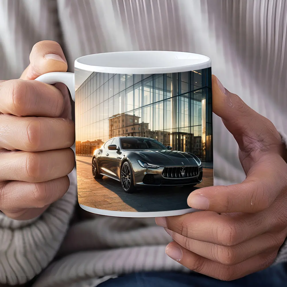 Maserati Ghibli Gray Glass Building Sunset – Mugs