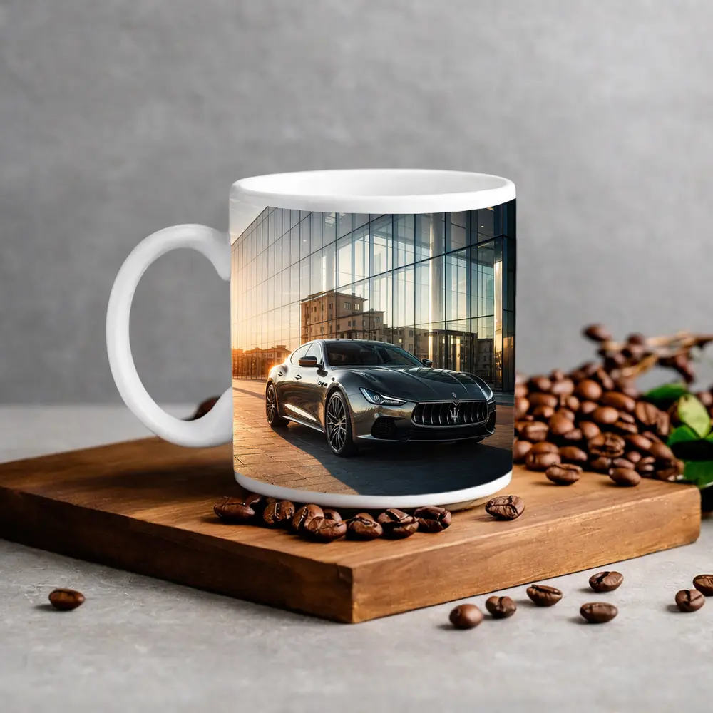 Maserati Ghibli Gray Glass Building Sunset – Mugs
