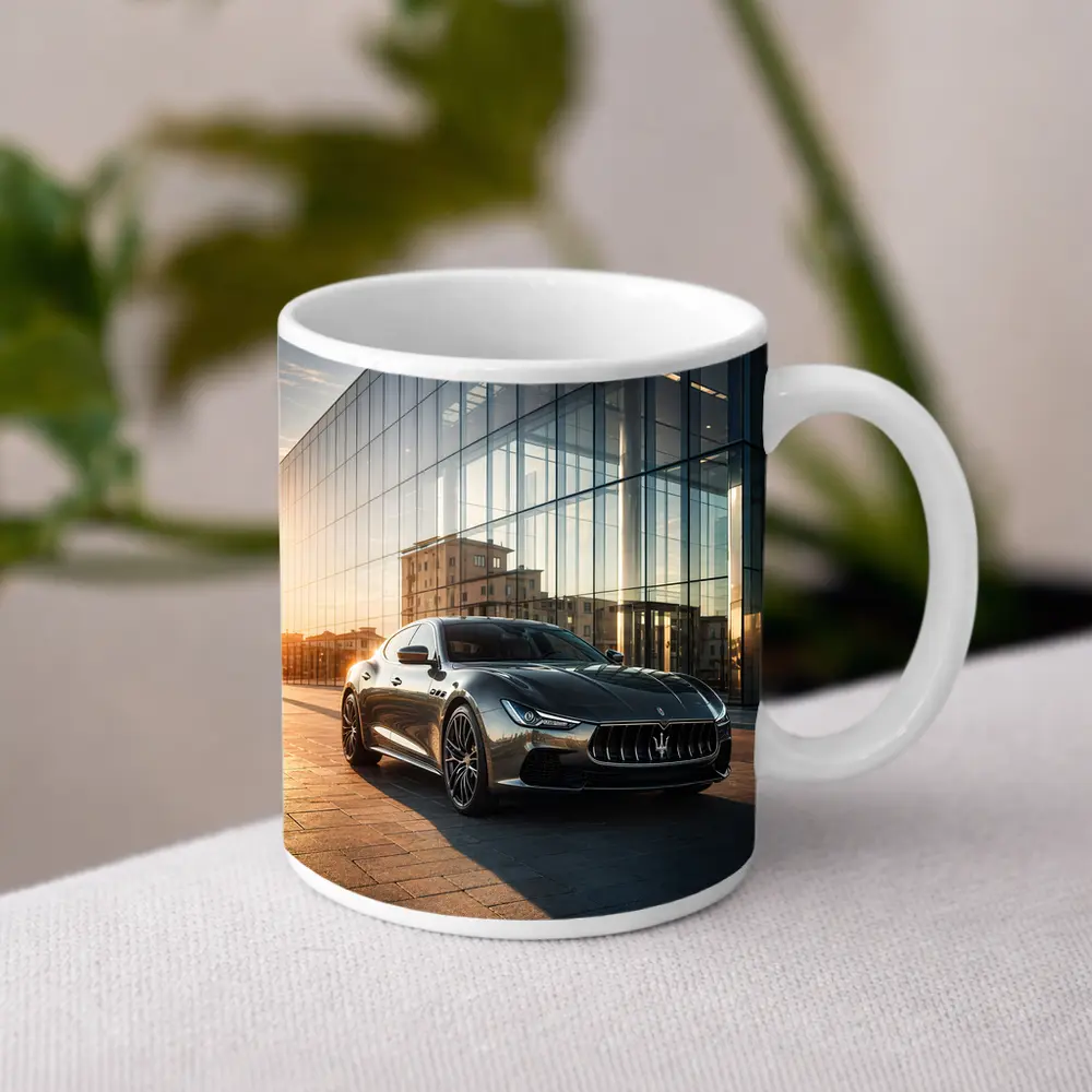 Maserati Ghibli Gray Glass Building Sunset – Mugs