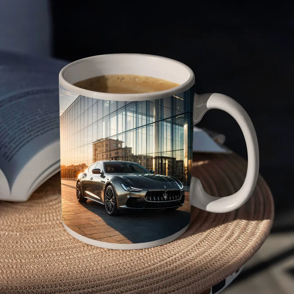 Maserati Ghibli Gray Glass Building Sunset – Mugs