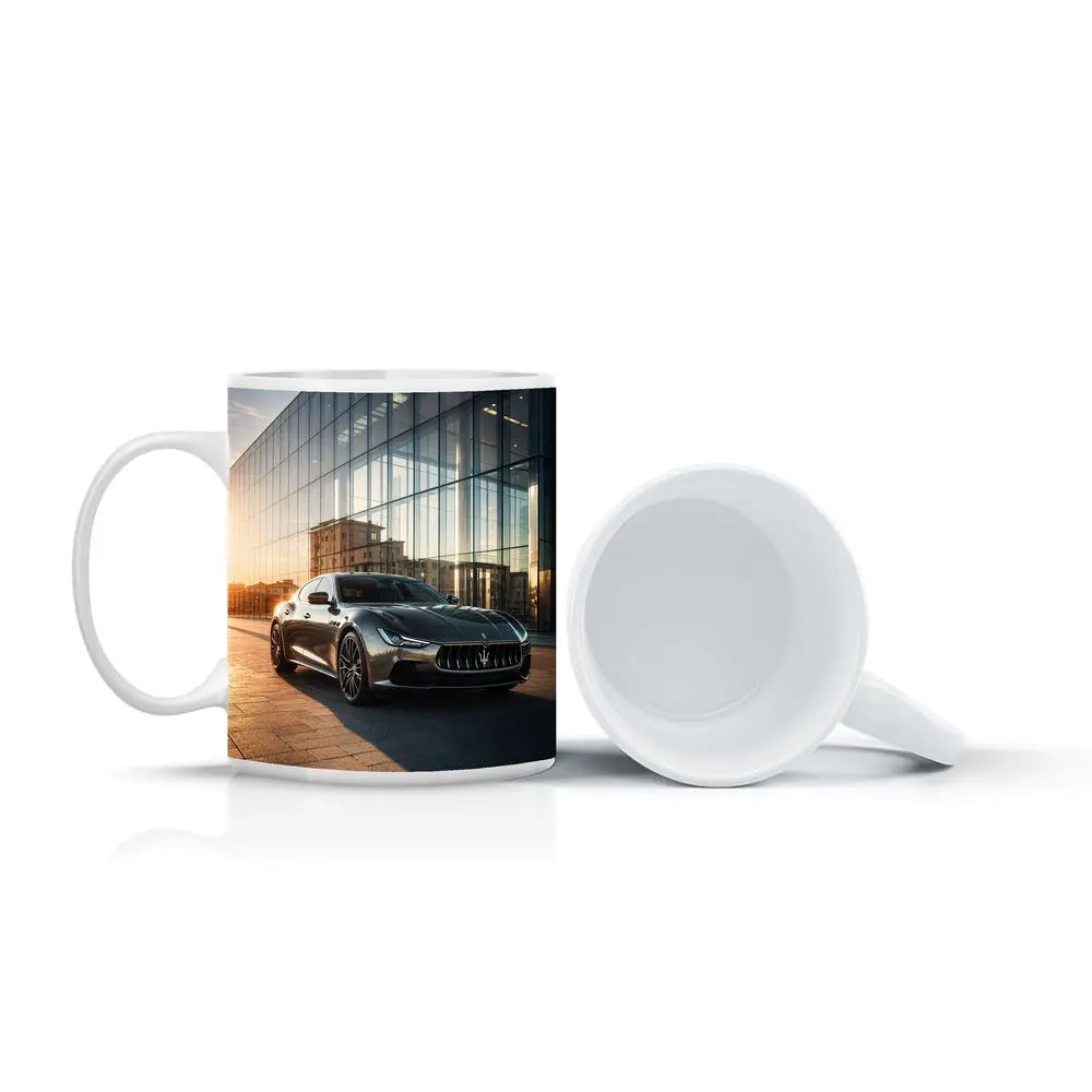 Maserati Ghibli Gray Glass Building Sunset – Mugs