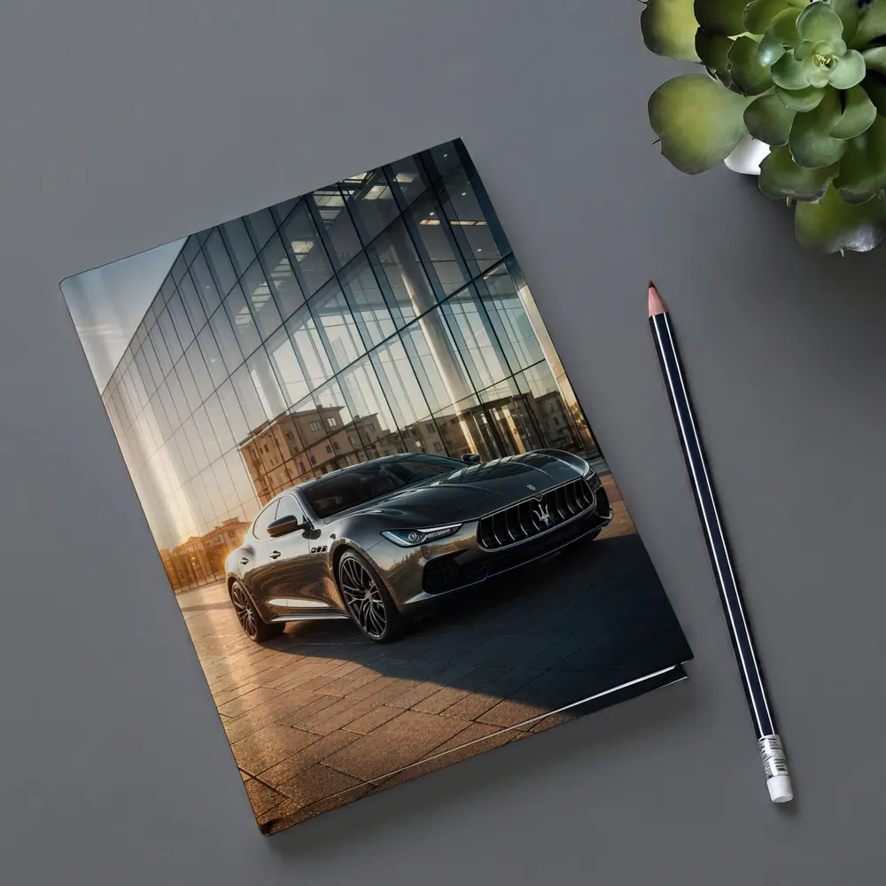 Maserati Ghibli Gray Glass Building Sunset – Notebooks