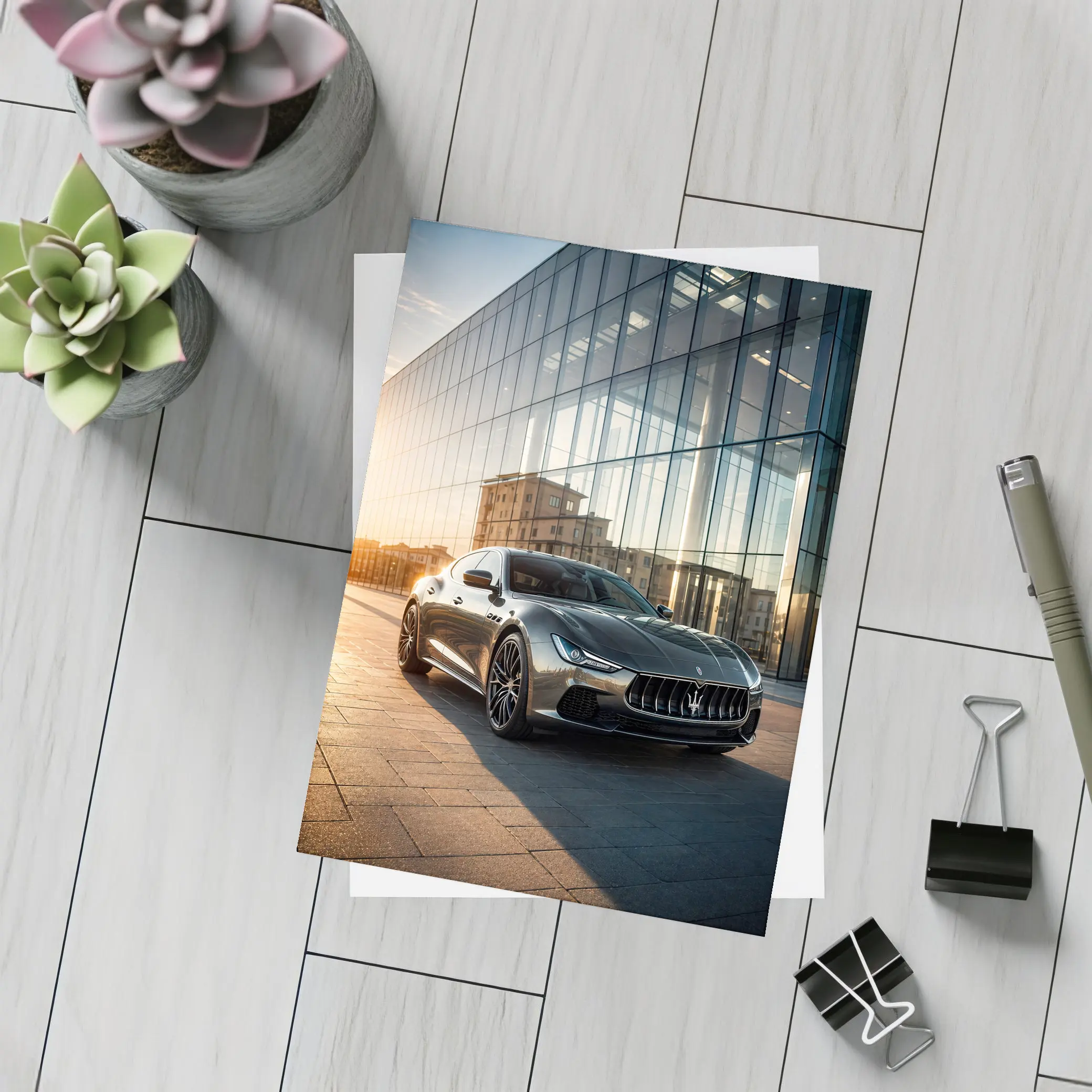 Maserati Ghibli Gray Glass Building Sunset – Postcards
