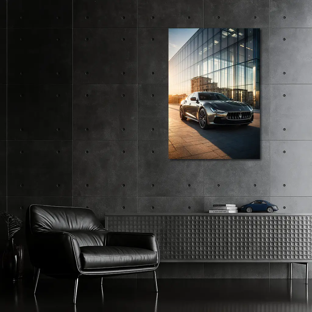 Maserati Ghibli Gray Glass Building Sunset – Wall Art
