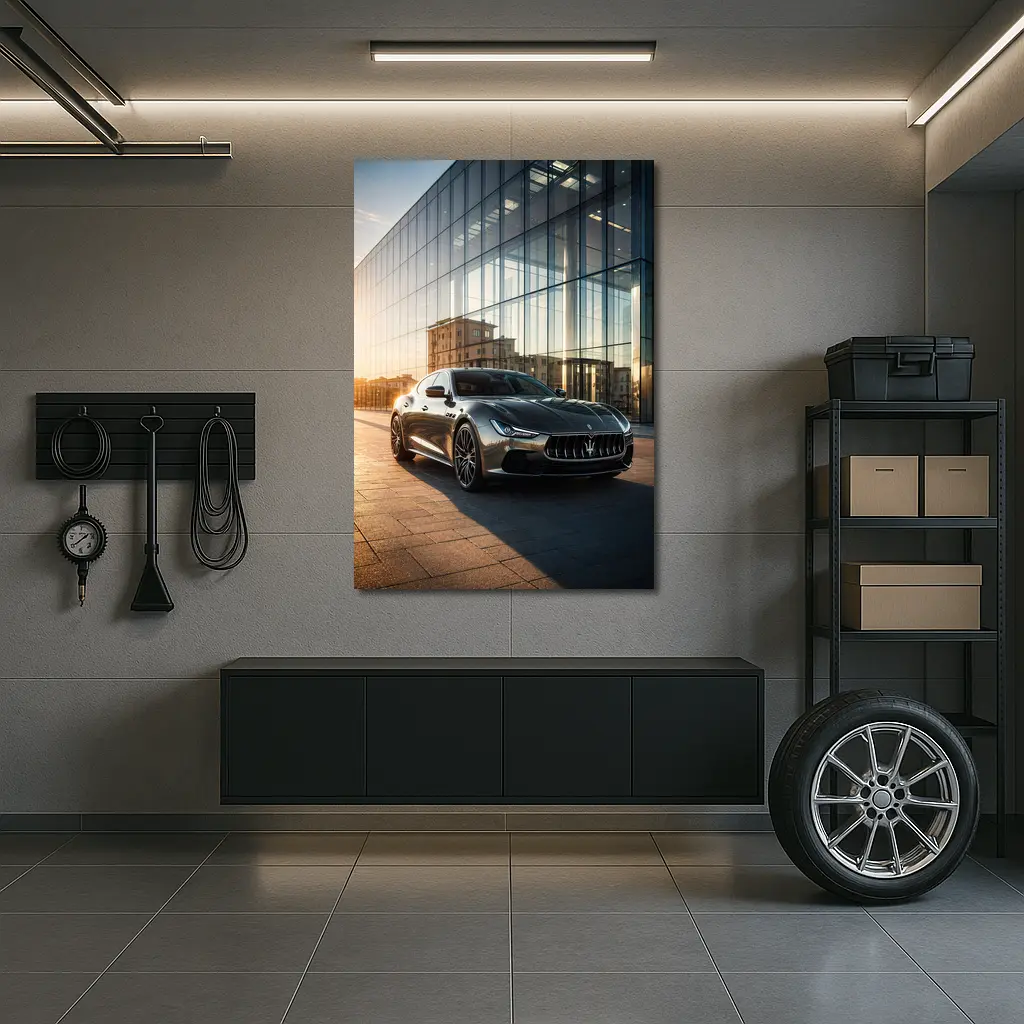 Maserati Ghibli Gray Glass Building Sunset – Wall Art