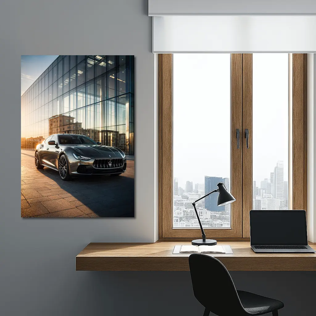Maserati Ghibli Gray Glass Building Sunset – Wall Art