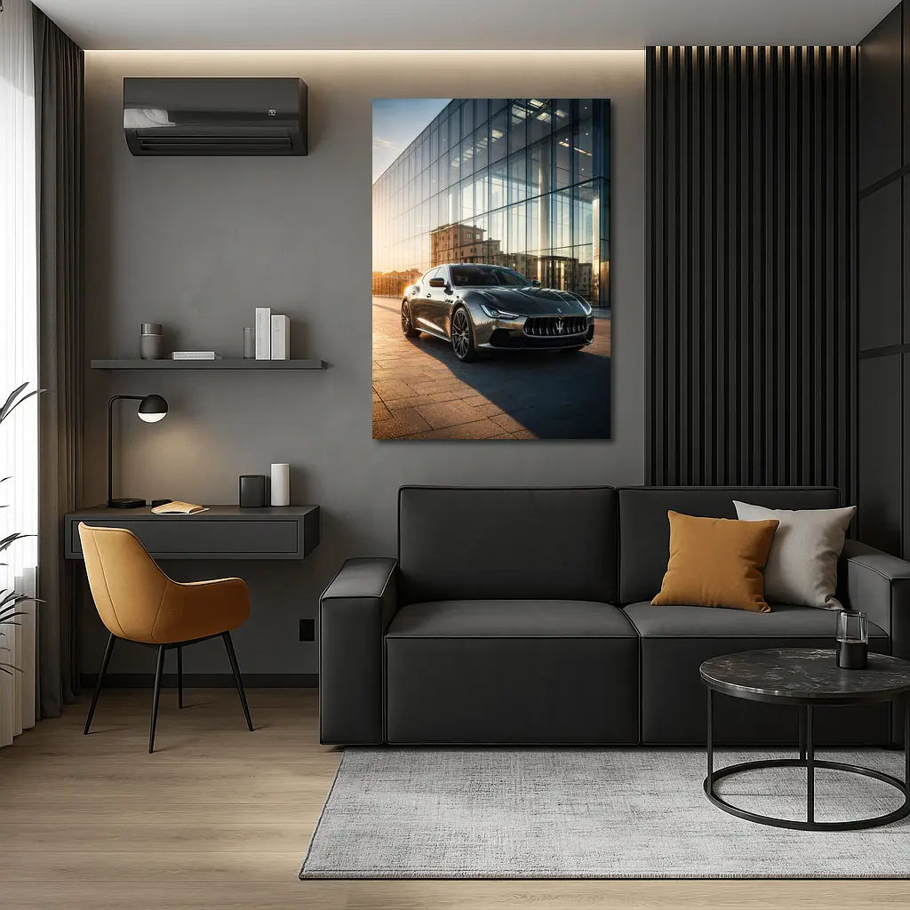 Maserati Ghibli Gray Glass Building Sunset – Wall Art