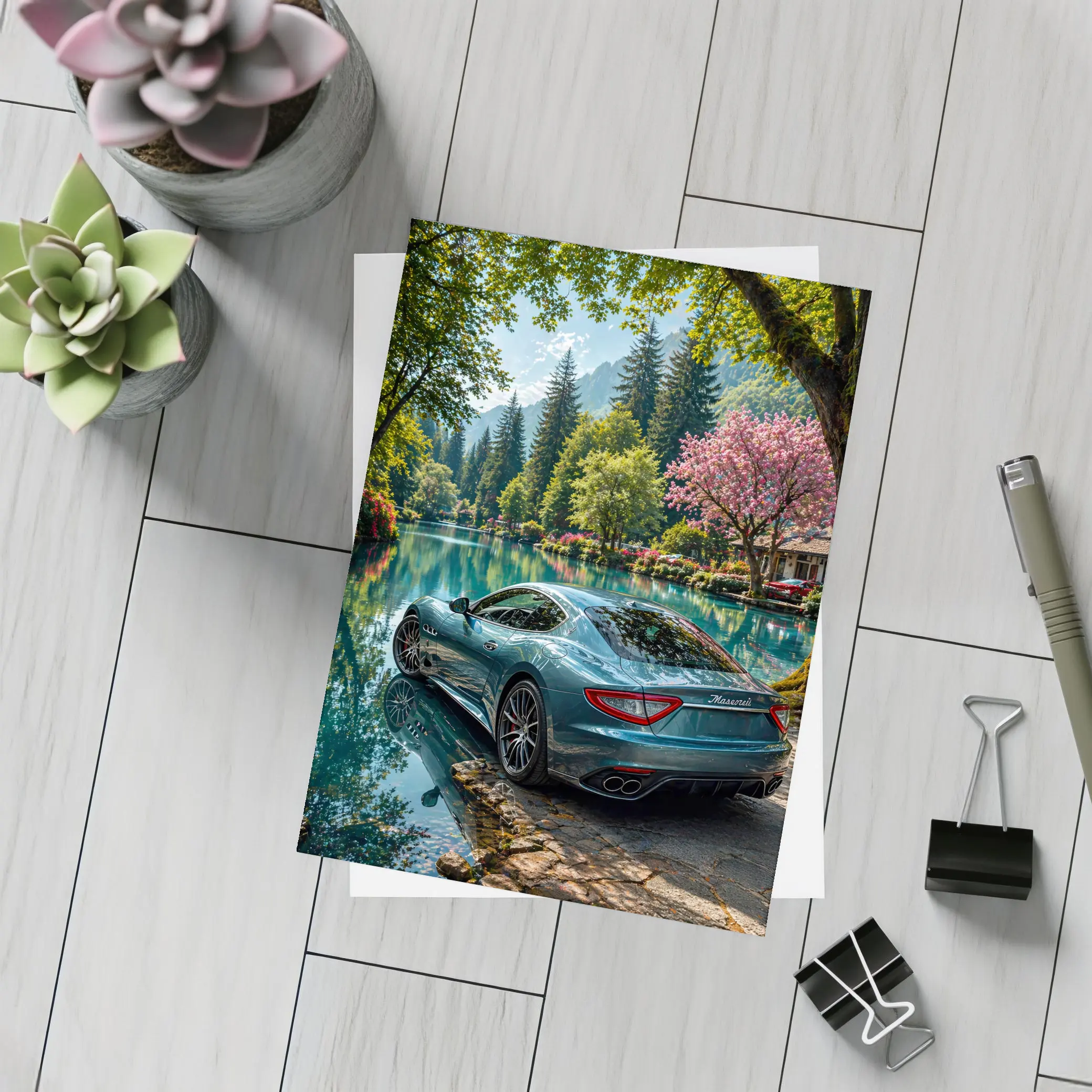 Maserati GranTurismo Parked By Lakeside Forest – Postcards