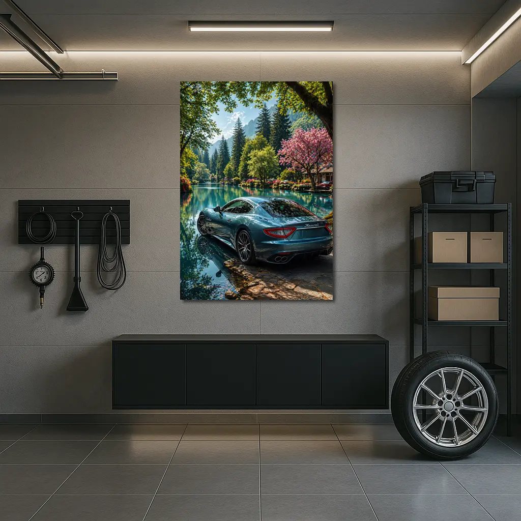 Maserati GranTurismo Parked By Lakeside Forest – Wall Art
