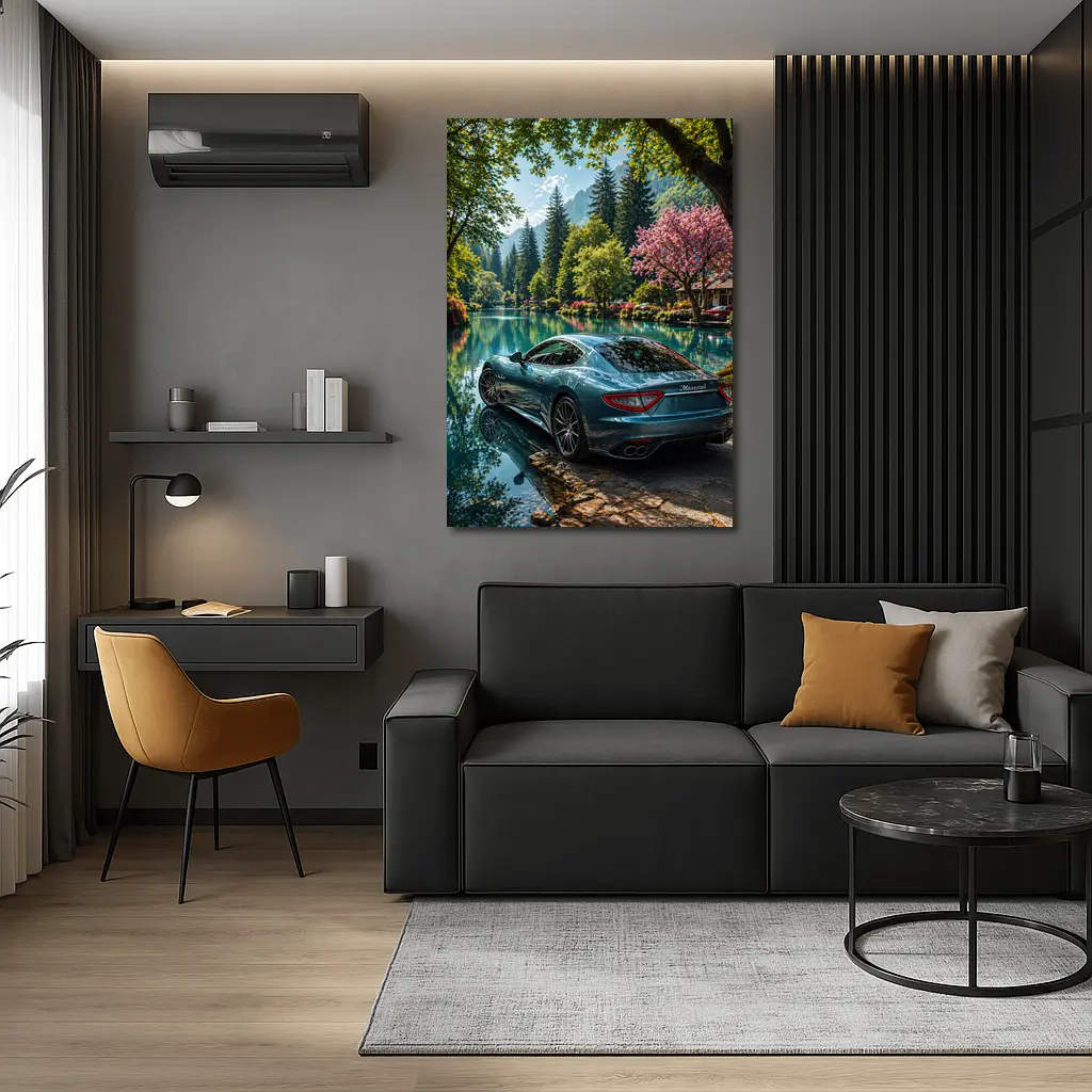 Maserati GranTurismo Parked By Lakeside Forest – Wall Art