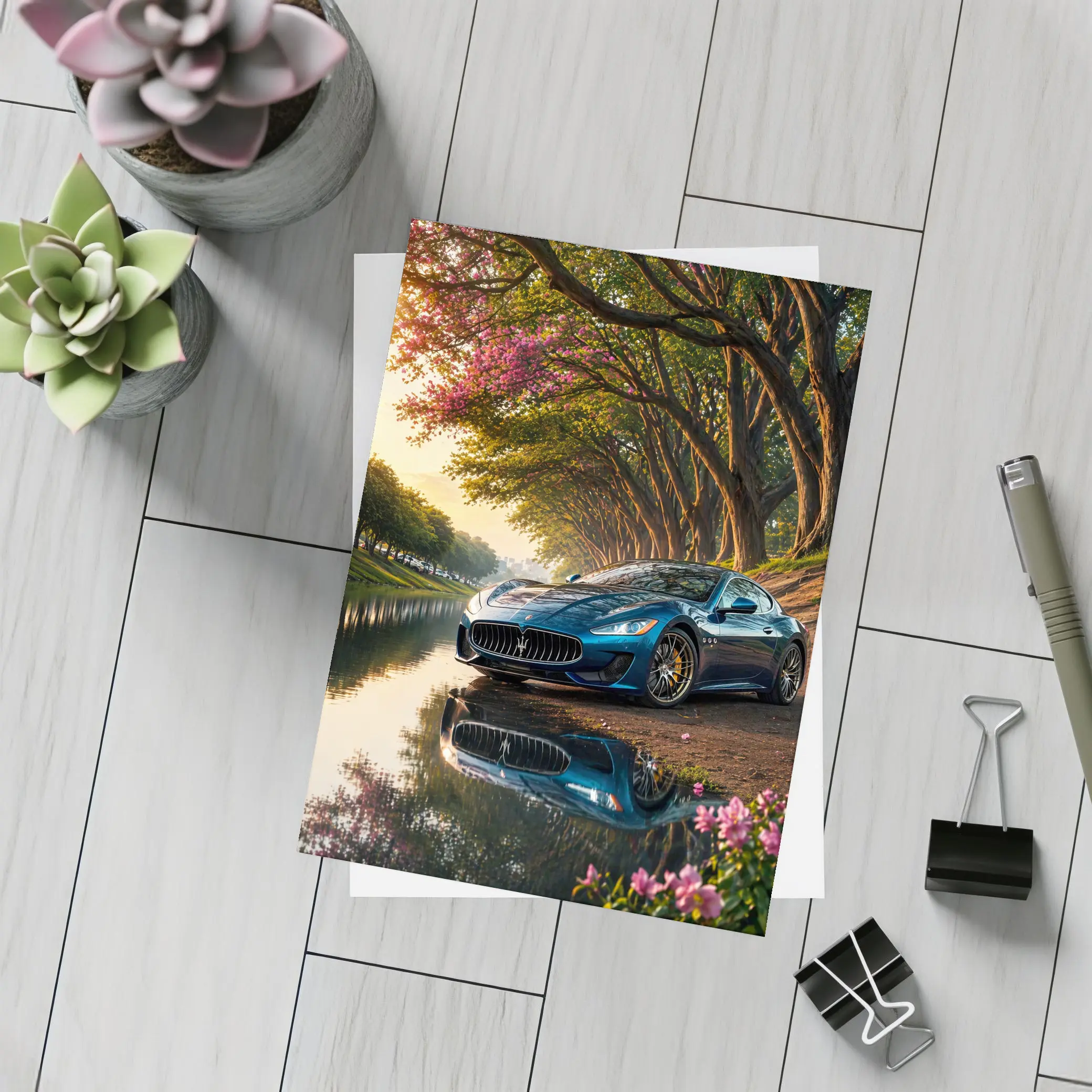 Maserati GranTurismo Blue Car By River – Postcards