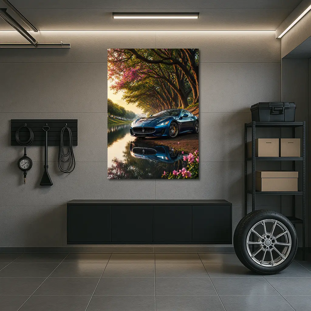 Maserati GranTurismo Blue Car By River – Wall Art