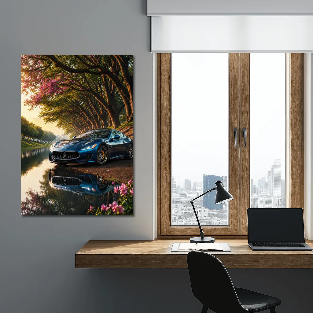 Maserati GranTurismo Blue Car By River – Wall Art