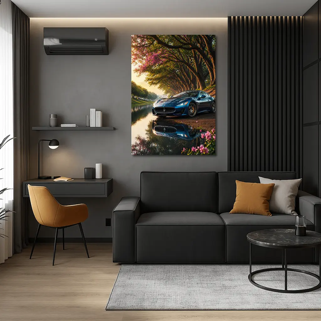 Maserati GranTurismo Blue Car By River – Wall Art