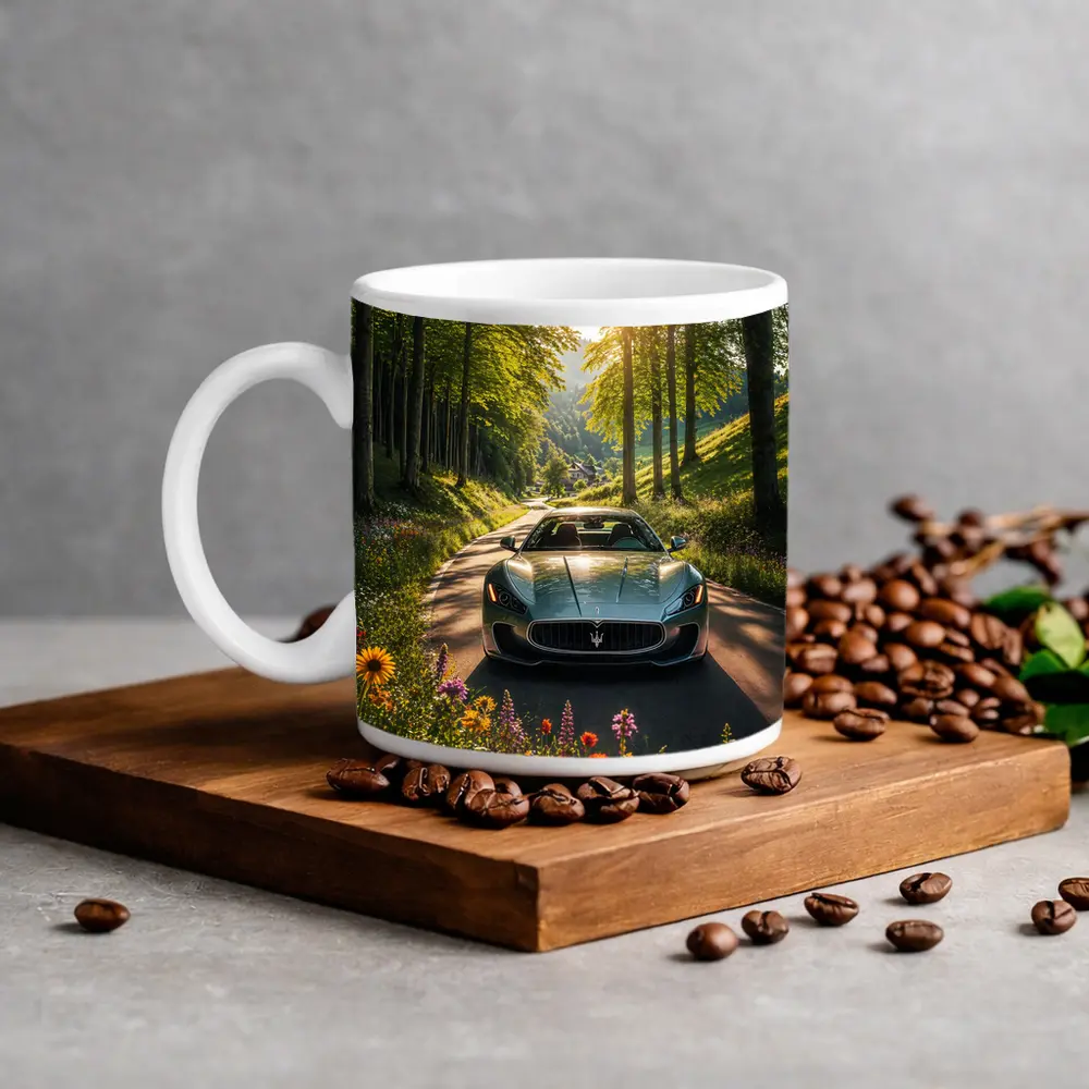 Maserati GranTurismo Silver Car Forest Road – Mugs