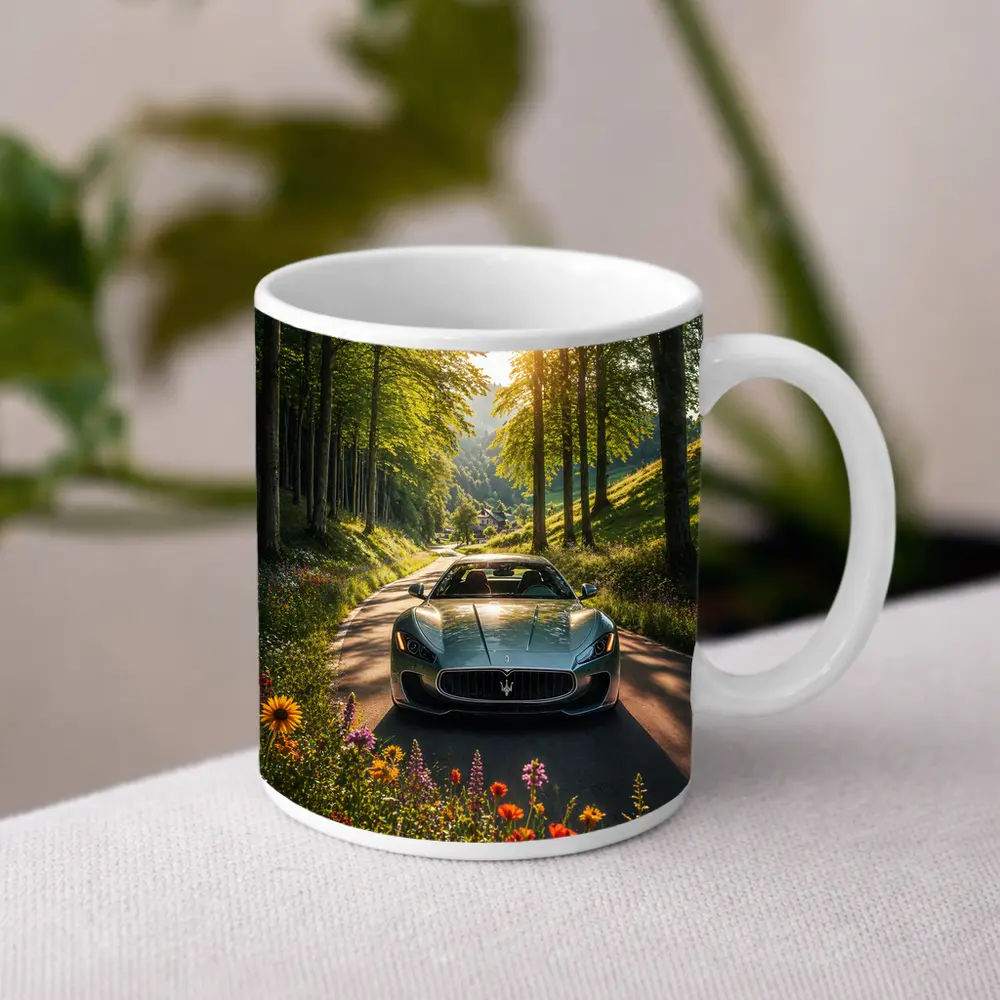 Maserati GranTurismo Silver Car Forest Road – Mugs