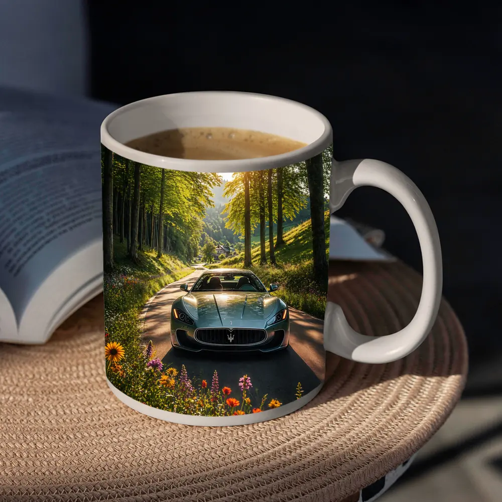 Maserati GranTurismo Silver Car Forest Road – Mugs