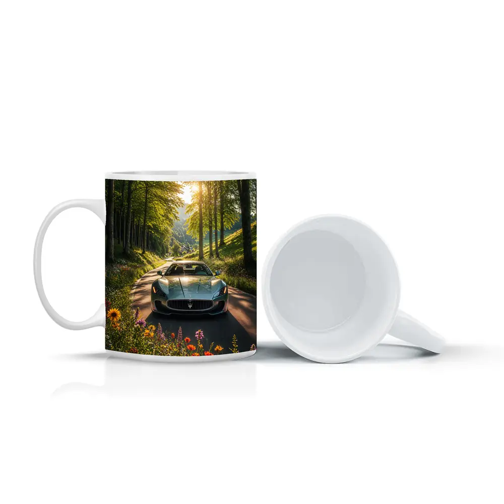 Maserati GranTurismo Silver Car Forest Road – Mugs