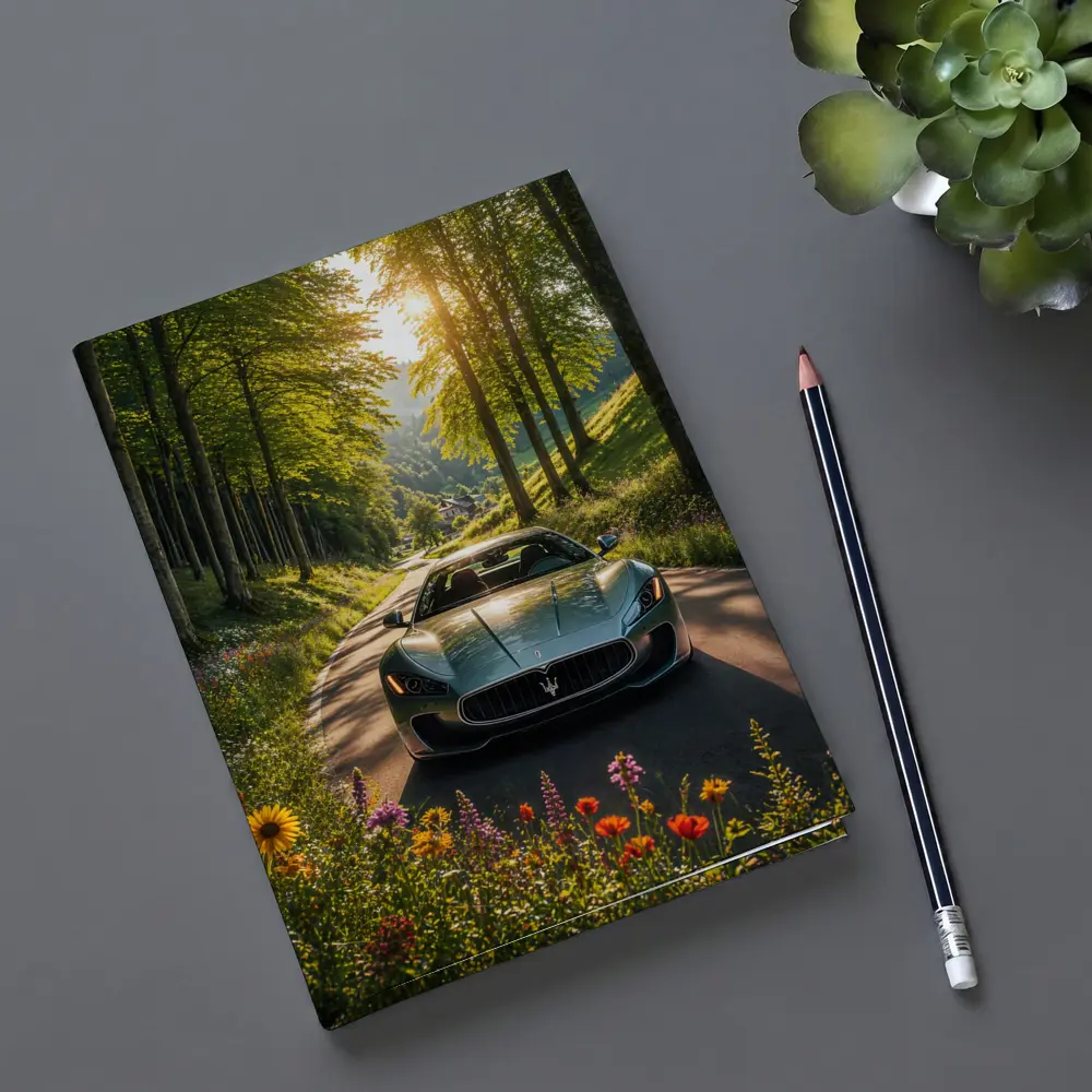 Maserati GranTurismo Silver Car Forest Road – Notebooks