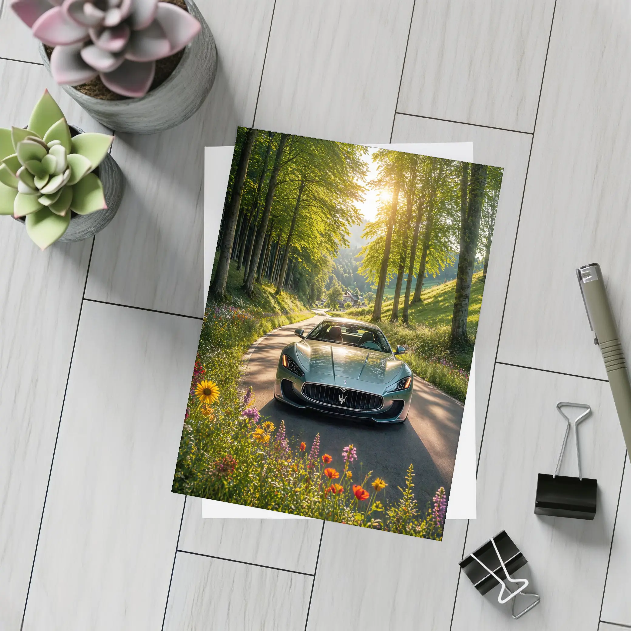 Maserati GranTurismo Silver Car Forest Road – Postcards