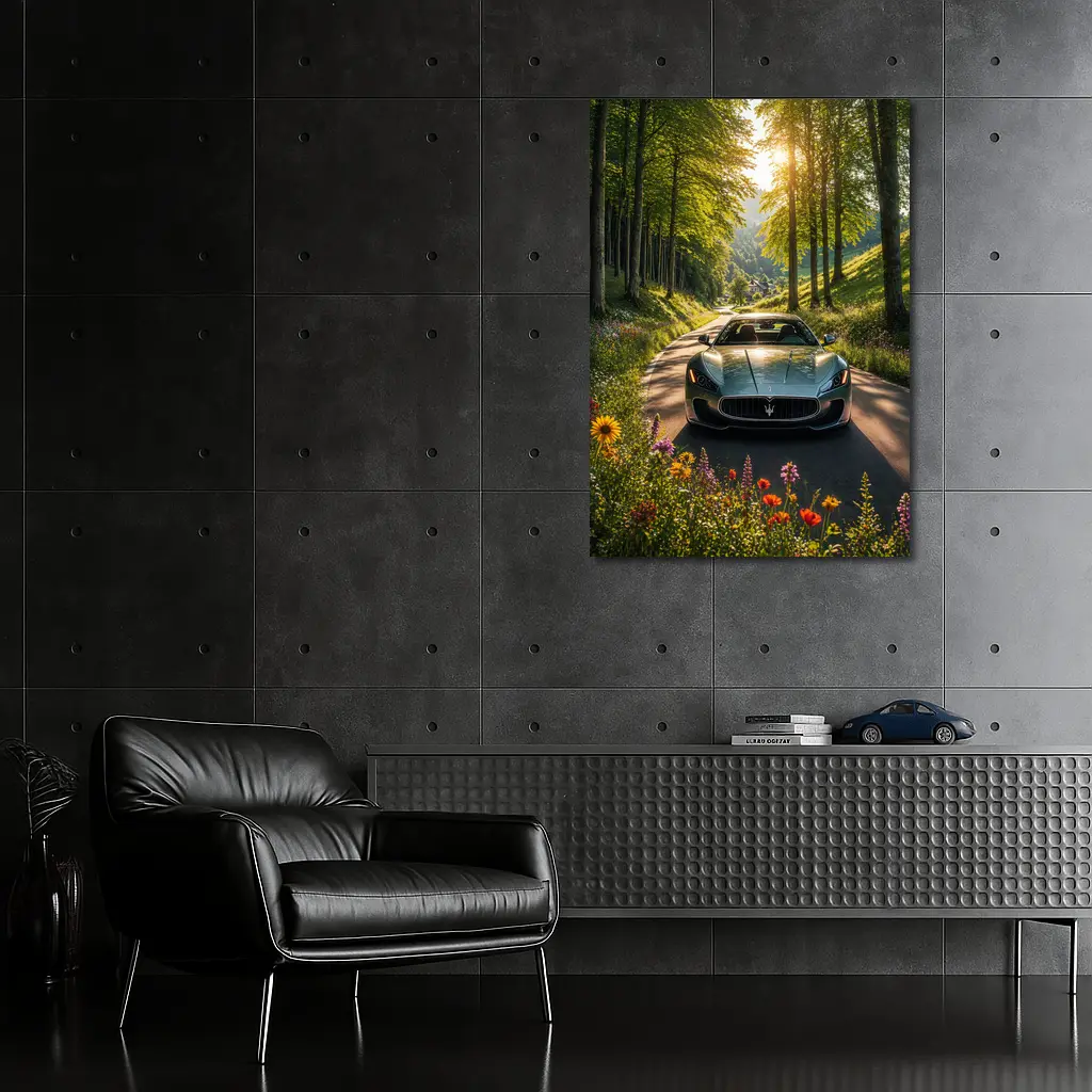 Maserati GranTurismo Silver Car Forest Road – Wall Art