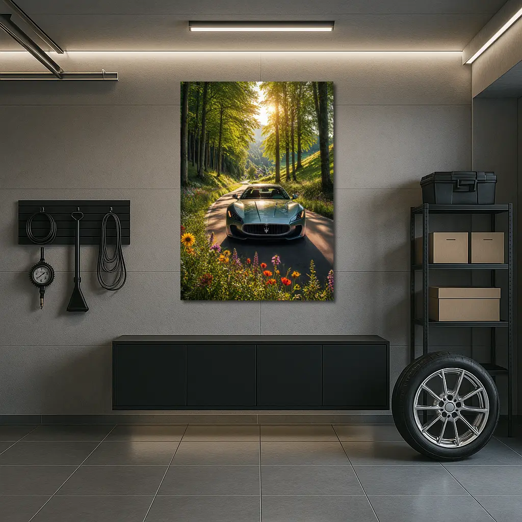 Maserati GranTurismo Silver Car Forest Road – Wall Art