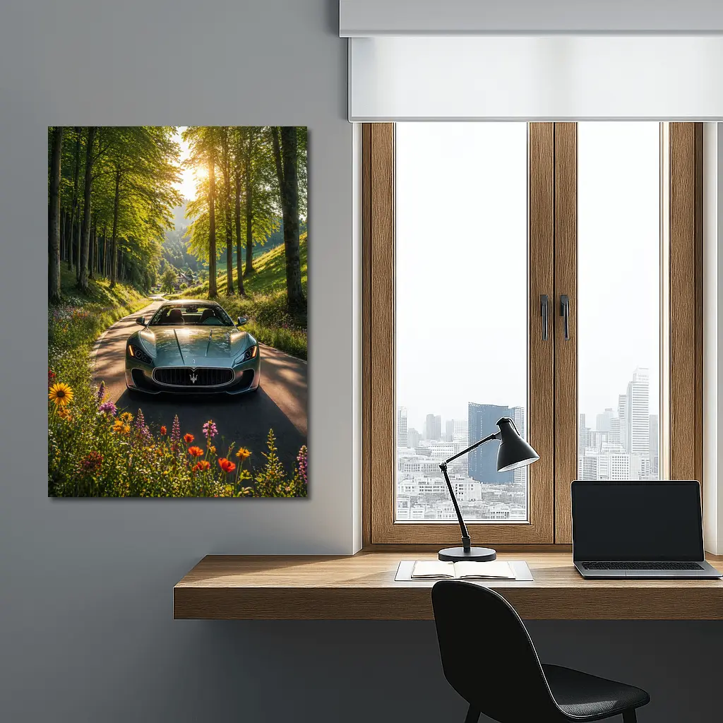 Maserati GranTurismo Silver Car Forest Road – Wall Art