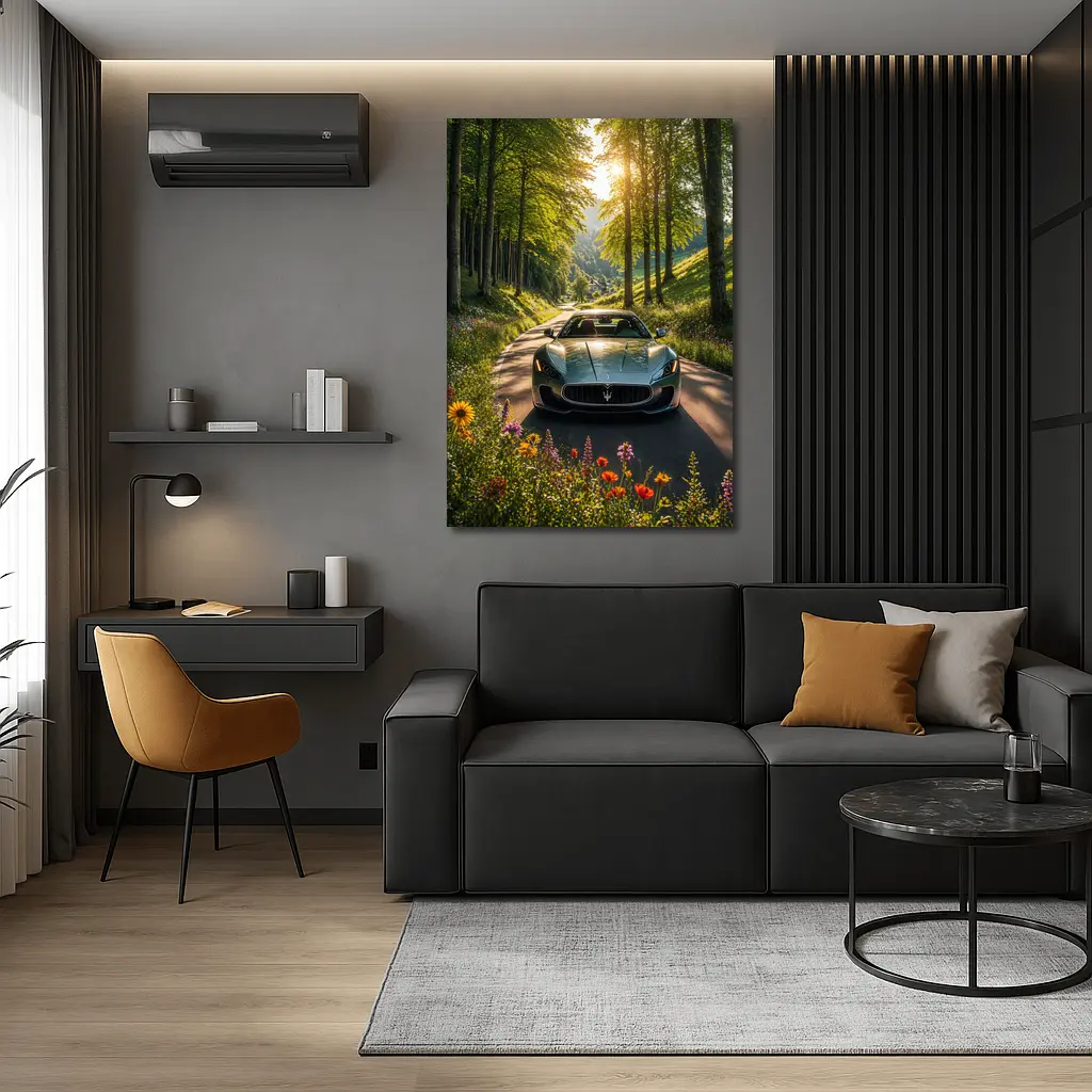 Maserati GranTurismo Silver Car Forest Road – Wall Art