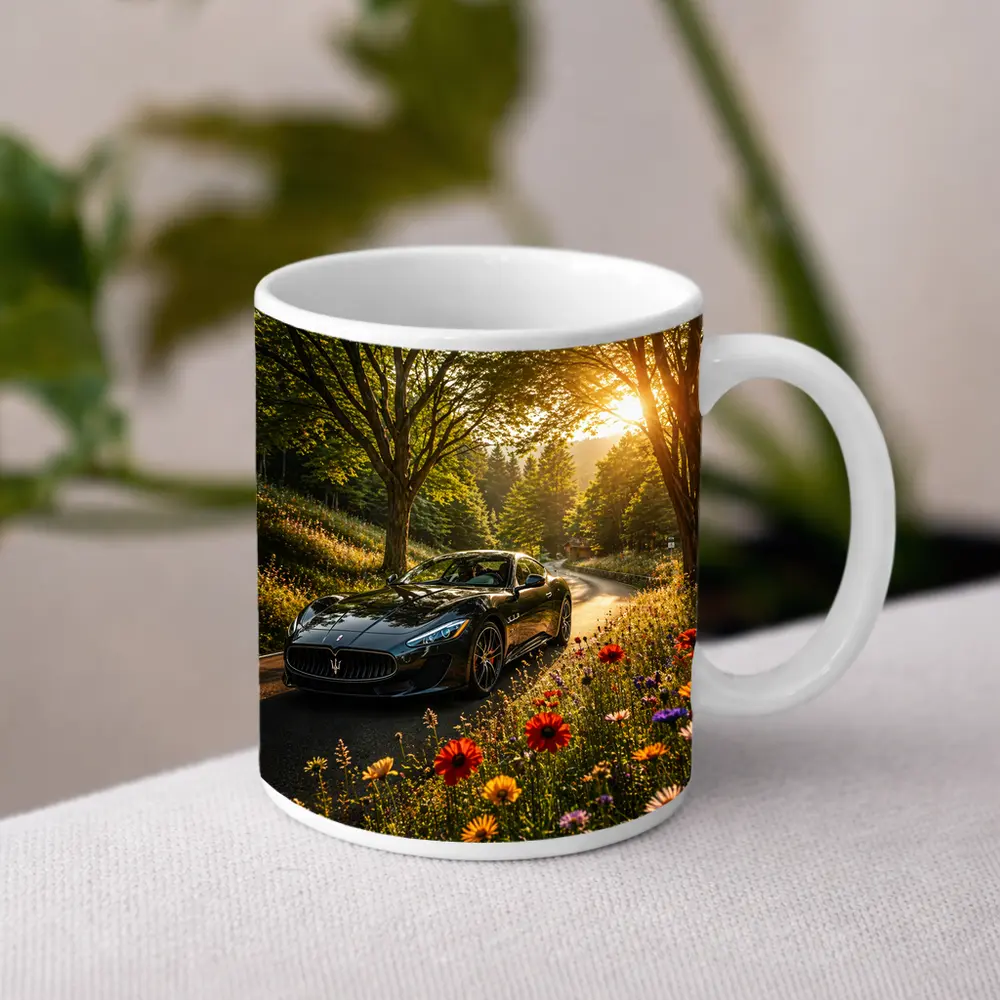 Maserati GranTurismo Black Sports Car Forest Road – Mugs