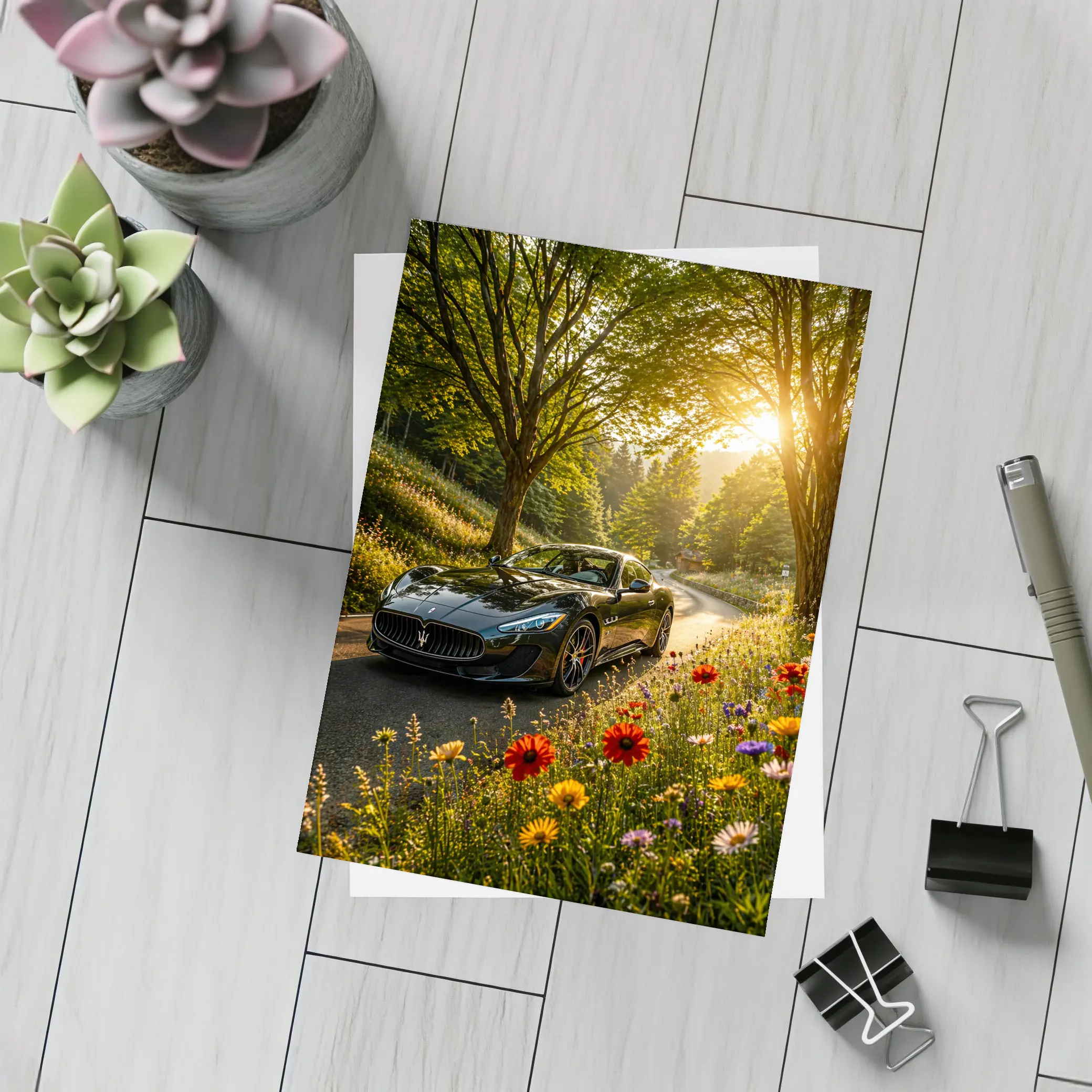 Maserati GranTurismo Black Sports Car Forest Road – Postcards